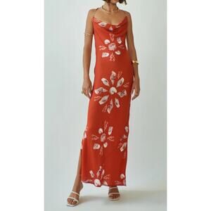 Carolina K Floral Print Maxi Satin Slip Dress Orange Large